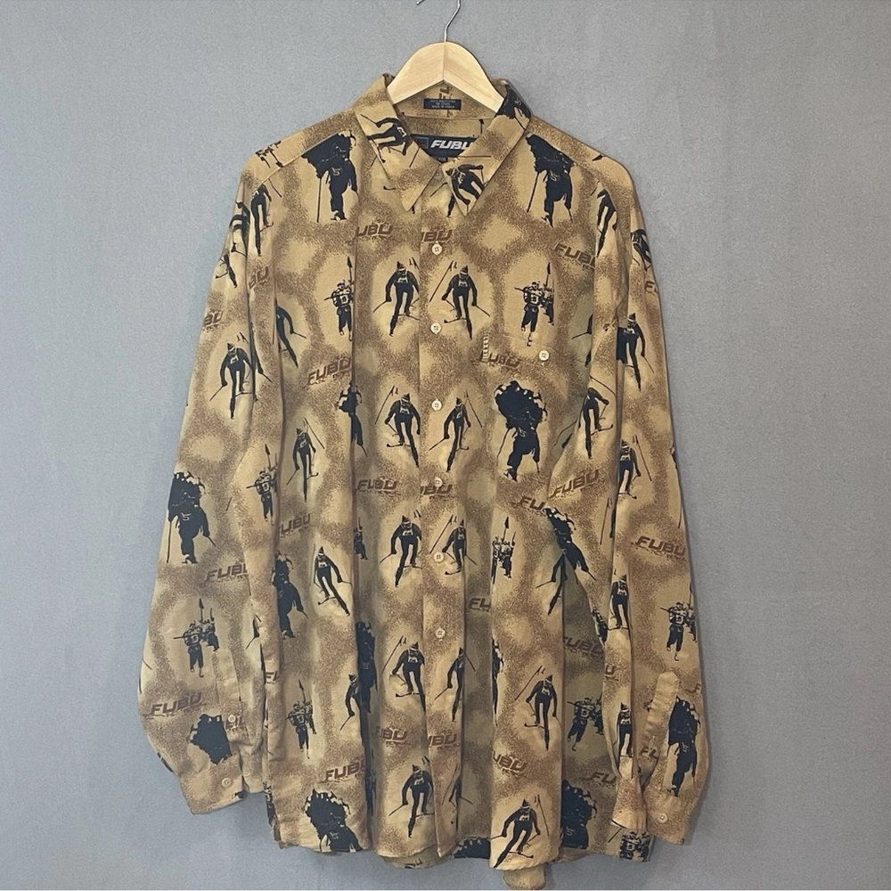 Vintage FUBU The Collection Men’s XXXL Beige Graphic Button Front Shirt